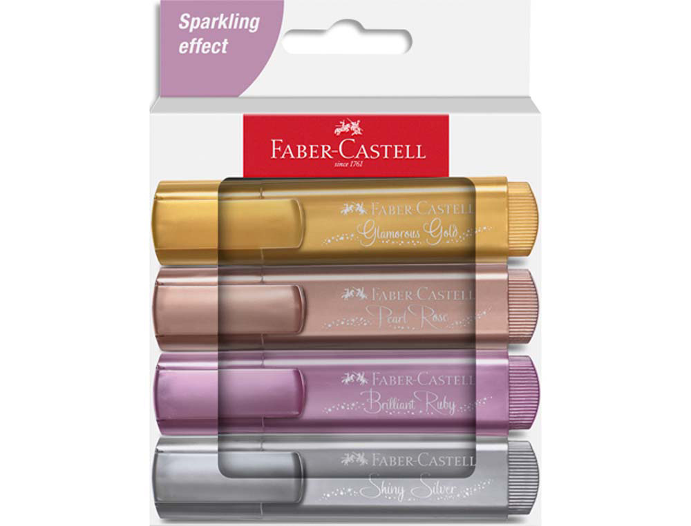 254674_Highlighter TL 46 Metallic cardboard 4x Surligneur faber-castell textliner tl46 metallic pointe biseautee trait 1/5mm coloris assortis etui 4 – Image 1