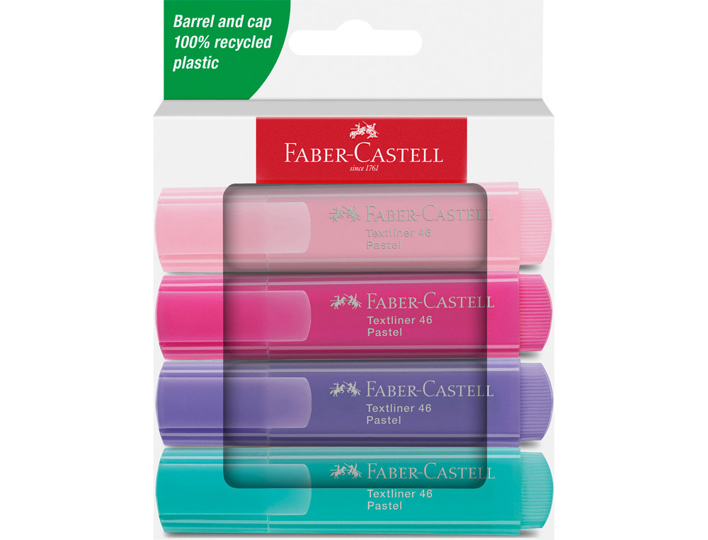 610807g-1.jpg Surligneur faber-castell textliner tl46 pastel pointe biseautee trait 1/5mm coloris assortis etui 4 unites – Image 1