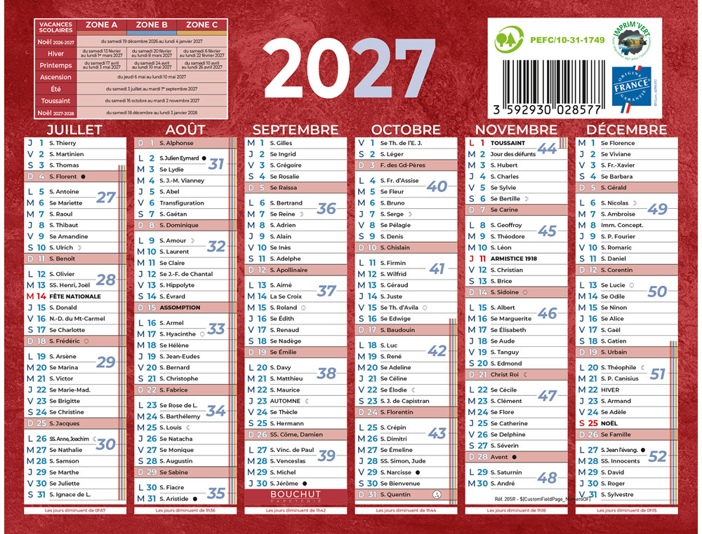 611346g-1.jpg Calendrier classique bouchut 2027 6 mois recto/verso 135x175mm coloris rouge – Image 1