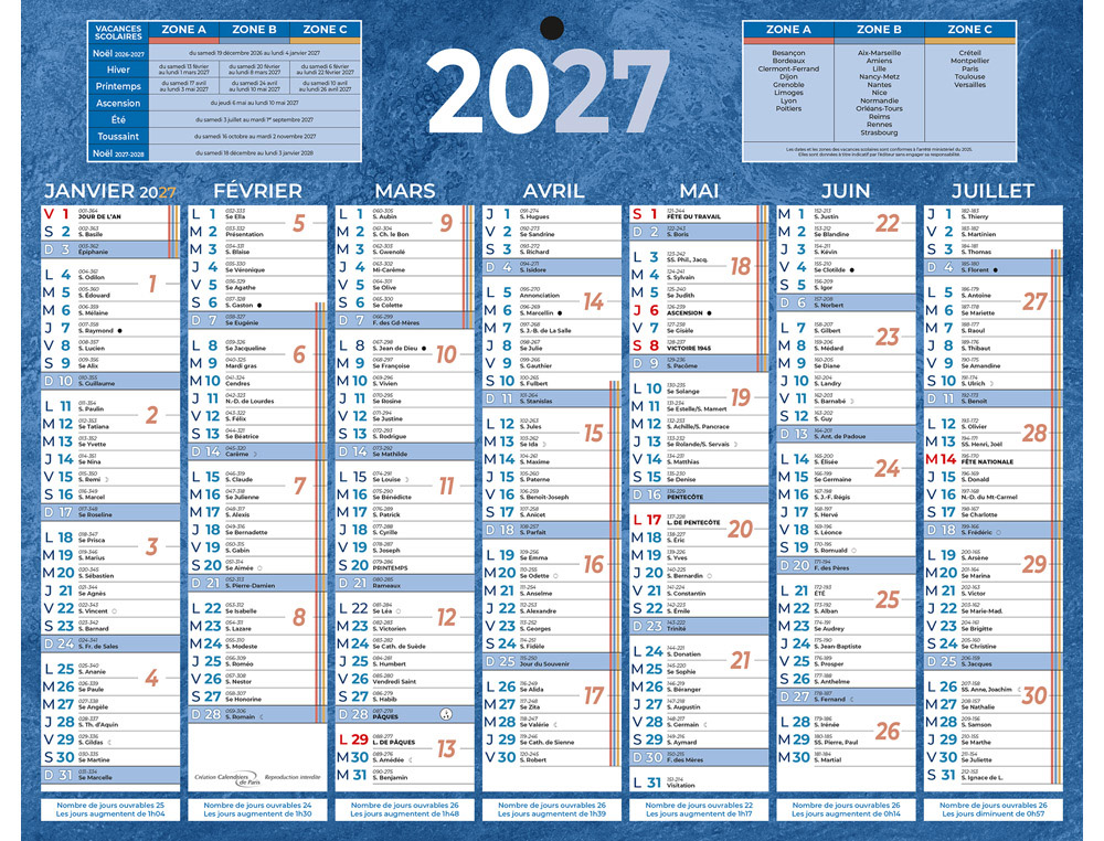 611347g-1.jpg Calendrier classique bouchut 2027 7 mois recto/verso 1 trou 210x265mm coloris bleu – Image 1