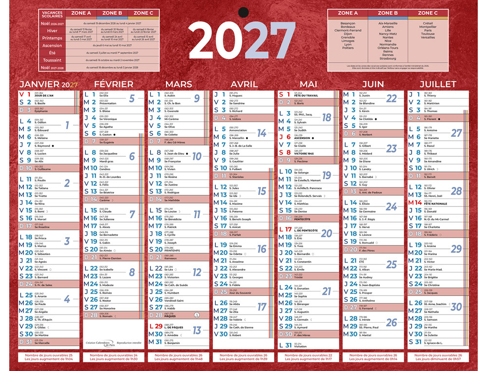 611348g-1.jpg Calendrier classique bouchut 2027 7 mois recto/verso 1 trou 210x265mm coloris rouge – Image 1