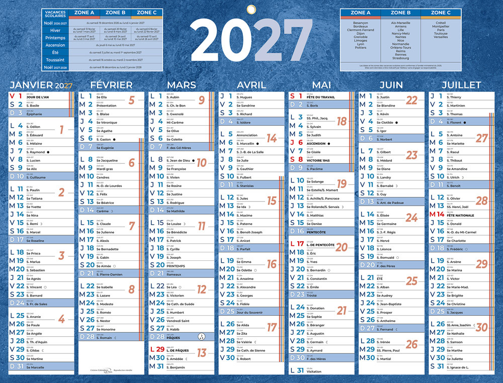 611349g-1.jpg Calendrier classique bouchut 2027 7 mois recto/verso 1 oeillet 320x420mm coloris bleu – Image 1