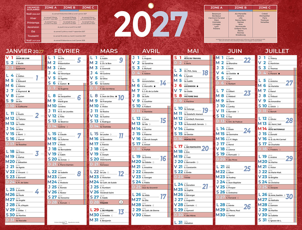 611350g-1.jpg Calendrier classique bouchut 2027 7 mois recto/verso 1 oeillet 320x420mm coloris rouge – Image 1