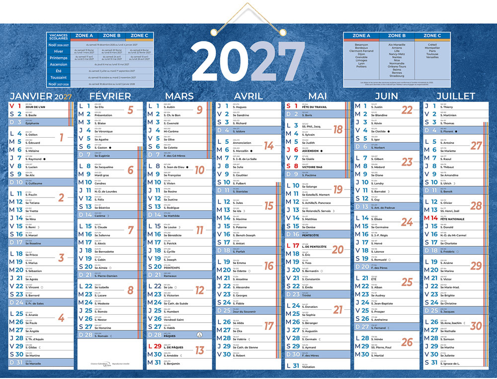 611351g-1.jpg Calendrier classique bouchut 2027 7 mois recto/verso 2 oeillets et 1 cordonnet 385x540mm coloris bleu – Image 1