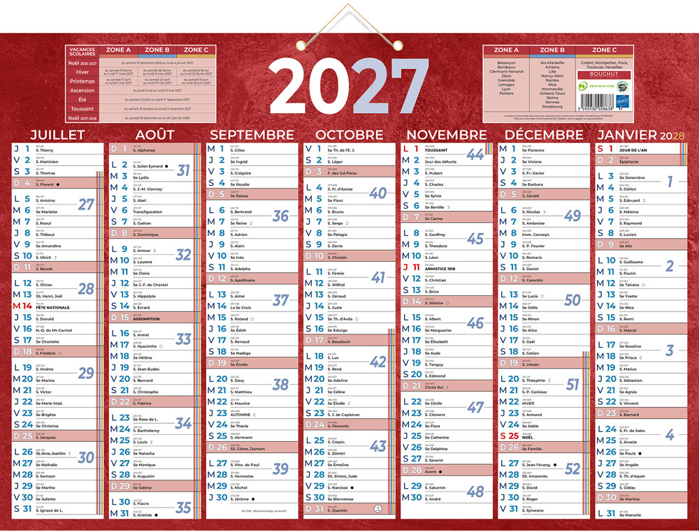 611352g-1.jpg Calendrier classique bouchut 2027 7 mois recto/verso 2 oeillets et 1 cordonnet 385x540mm coloris rouge – Image 1