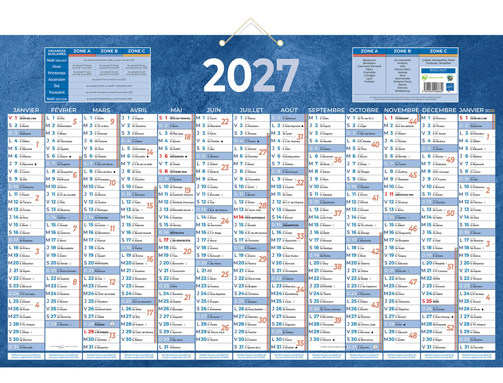 611353g-1.jpg Calendrier classique bouchut 2027 13 mois sur une face 2 oeillets et 1 cordonnet 430x650mm coloris bleu – Image 1