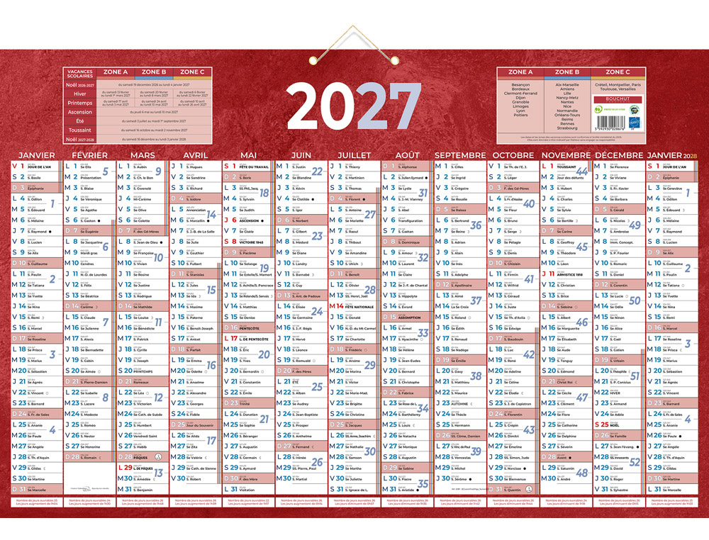 611354g-1.jpg Calendrier classique bouchut 2027 13 mois sur une face 2 oeillets et 1 cordonnet 430x650mm coloris rouge – Image 1