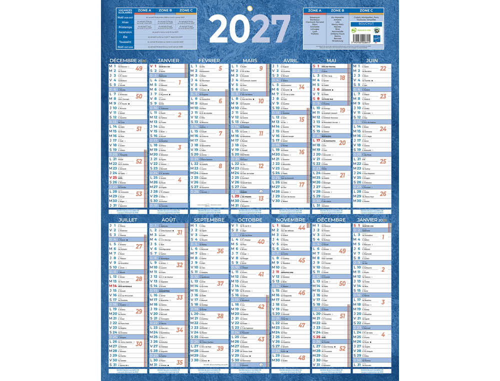 611355g-1.jpg Calendrier classique bouchut 2027 14 mois sur une face 1 oeillet 550x430mm coloris bleu – Image 1