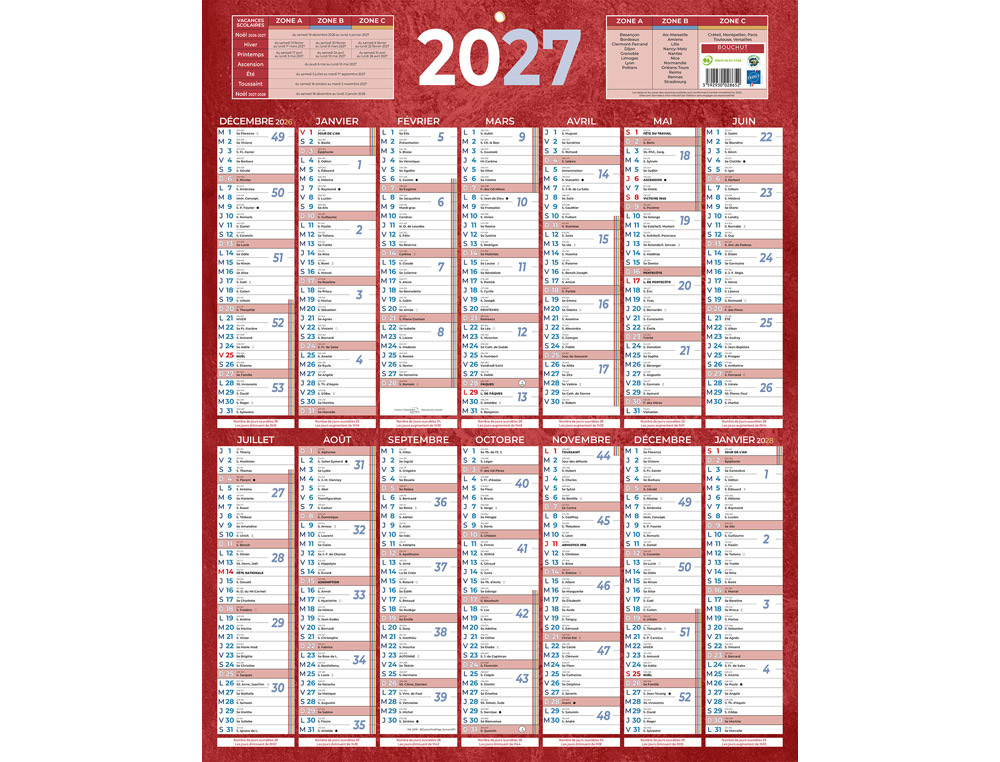611356g-1.jpg Calendrier classique bouchut 2027 14 mois sur une face 1 oeillet 550x430mm coloris rouge – Image 1