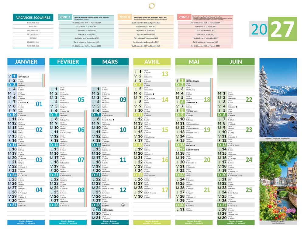 611365g-1.jpg Calendrier bouchut 2027 6 mois recto/verso 4 saisons medium 1 oeillet 320x420mm – Image 1