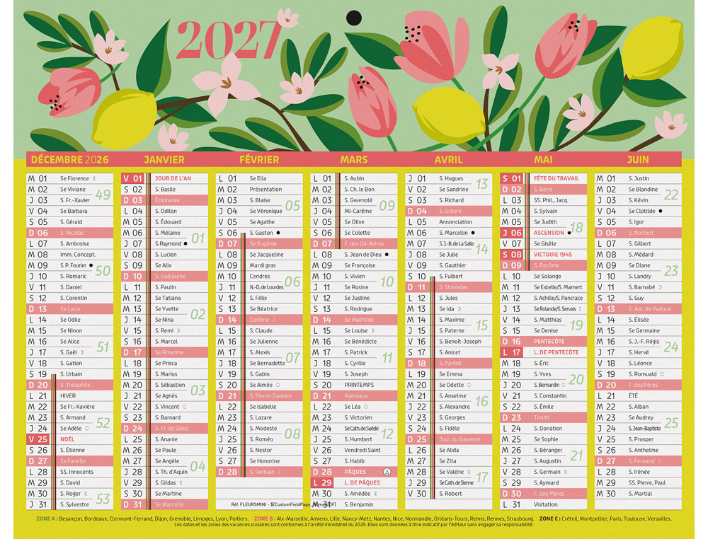 611369g-1.jpg Calendrier bancaire bouchut 2027 fleurs mini 7 mois recto/verso 1 trou 210x265mm – Image 1