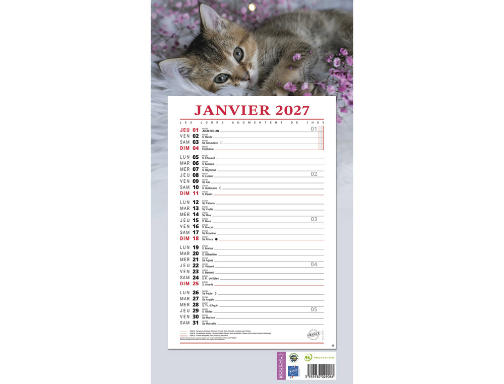 611384g-1.jpg Bloc mensuel 409 bouchut 2027 animaux 1 oeillet 190x360mm – Image 1