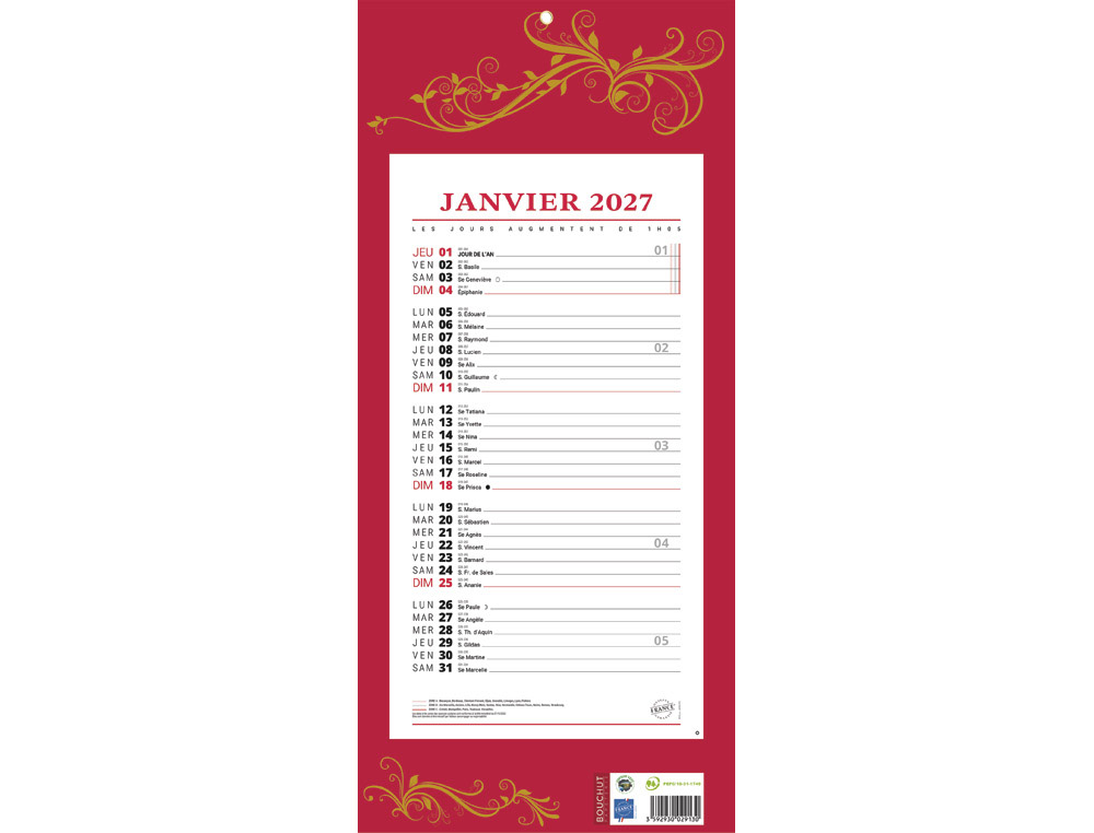 611392g-1.jpg Bloc mensuel 411 bouchut 2027 1 oeillet 190x420mm coloris rouge – Image 1