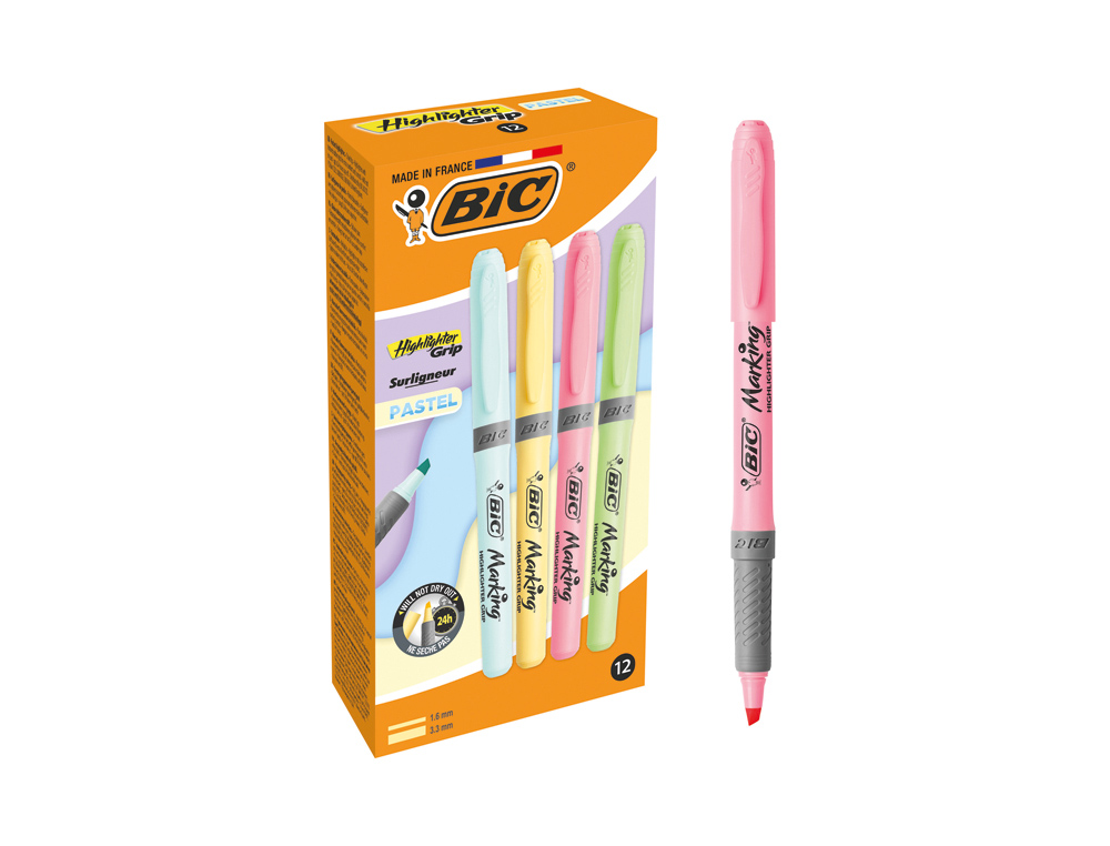 611522g-1.jpg Surligneur bic highlighter grip caoutchouc rainure pointe biseaute modulaire coloris pastel boite de 12 – Image 1