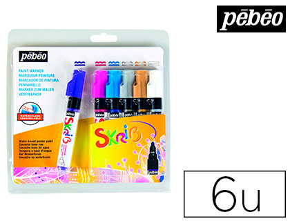 Marqueur peinture pébéo skrib gouache poésie mèche 4mm coloris violet rose bleu primaire argent blanc et or 6 unités