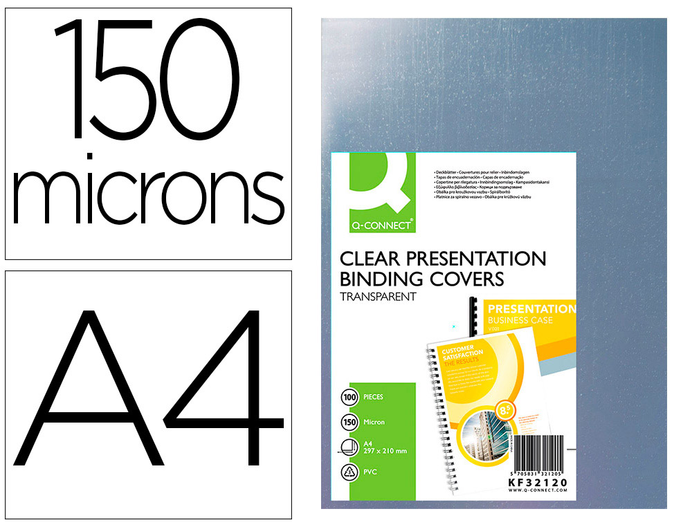 Plat couverture q-connect pvc incolore 150 microns a4 relieurs spirales peignes anneaux paquet 100 unités