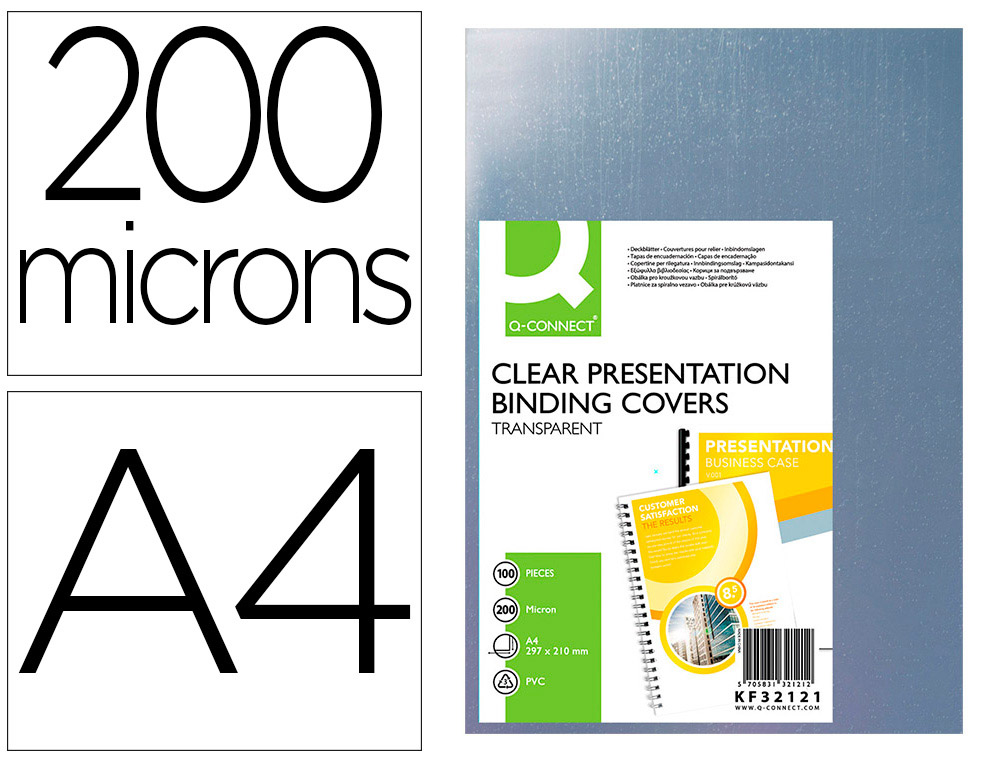 Plat couverture q-connect pvc 200 microns a4 relieurs spirales peignes anneaux incolore paquet 100 unités