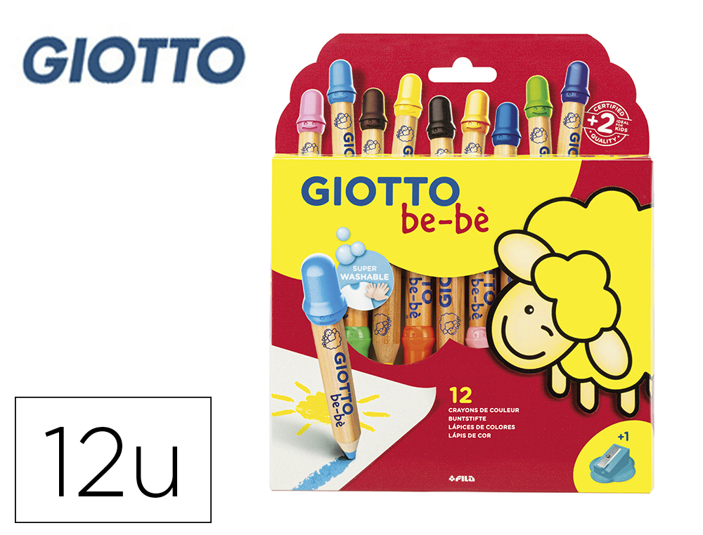 Crayon couleur giotto be-bè maxi testé dermatologiquement étui 12 unités + 1 taille-crayon