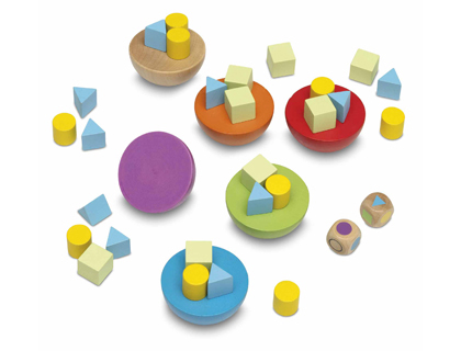 Jeu en bois equilibry contenant 6 demi-boules de 6 couleurs 45 pions de trois formes 1 dé à couleurs 1 dé à formes