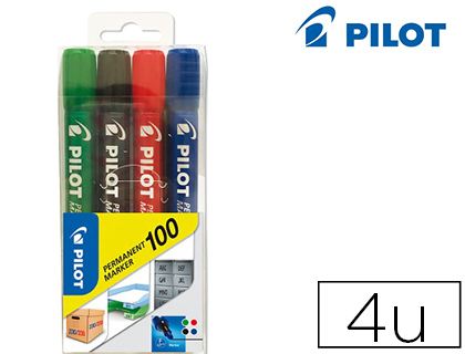 Marqueur pilot 100 permanent pointe ogive fine 1/4,5mm      resiste a l'eau pochette de 4 unit noir/bleu/vert/rouge