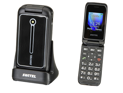 Téléphone mobile switel clapet senior touche sos socle chargeur sonnerie 85db apn coloris gris