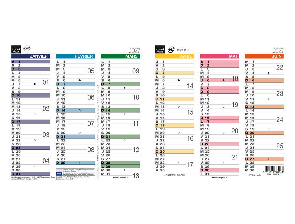 Calendrier quo vadis origami 13 12mois janvier décembre    260x130mm cartonné arc en     ciel