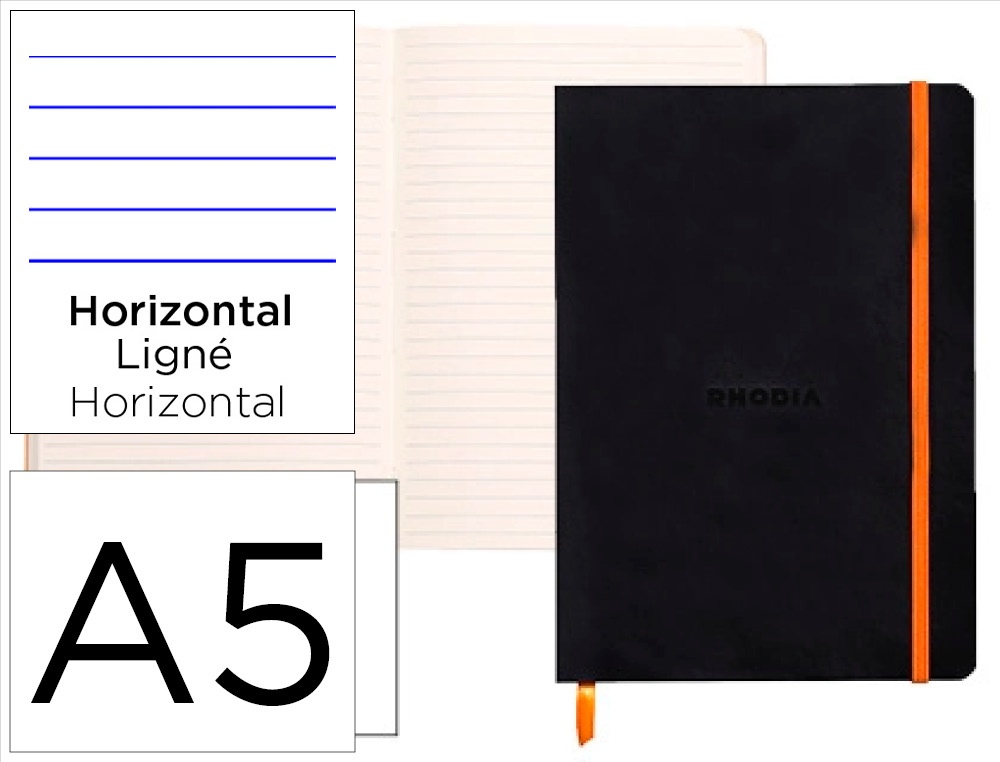 Carnet souple clairefontaine rhodiarama a5 ligné 160 pages papier ivoire 90g fermeture élastique coloris noir