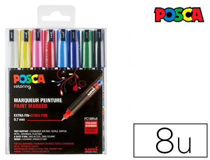 Marqueur posca pc1mr gouache encre inodore toutes surfaces pointe ultra-fine conique coloris basiques 8 unités