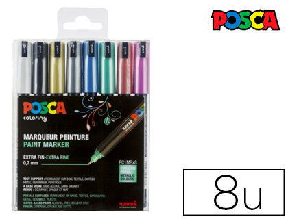 Marqueur posca pointe calibrée extra-fine coloris métallisés blanc noir or argent bleu vert rouge et rose 8 unités