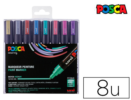 Marqueur posca pc5m gouache encre inodore toutes surfaces pointe moyenne conique coloris métallisés 8 unités