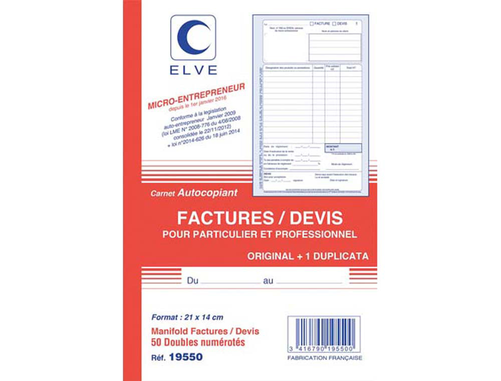 Carnet elve factures/devis pour auto-entrepreneurs 21x14cm 50 duplis