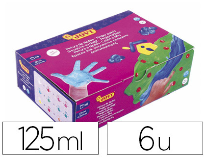 Gouache doigt jovi base eau coloris assortis jaune/bleu/blanc/marron/rouge/vert pot 125ml coffret 6 unités