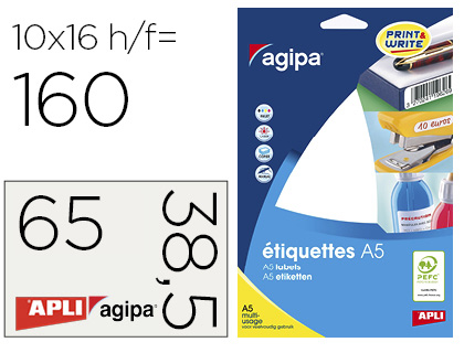Étiquette adhésive apli agipa multi-usage 38.5x65mm laser jet d'encre formats paramétrés étui a5 160 unités