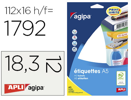 Étiquette adhésive apli agipa multi-usage 12x18.3mm laser jet d'encre formats paramétrés étui a5 1792 unités
