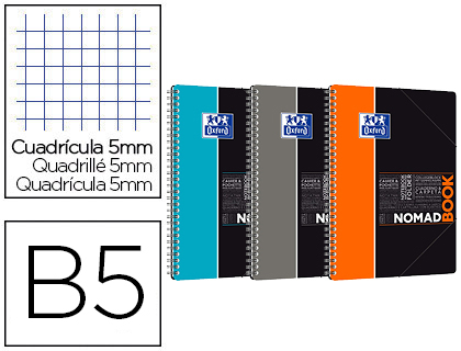 Cahier spirale oxford study nomadbook reliure intégrale b5 176x250mm 160 pages 90g quadrillage 5mm