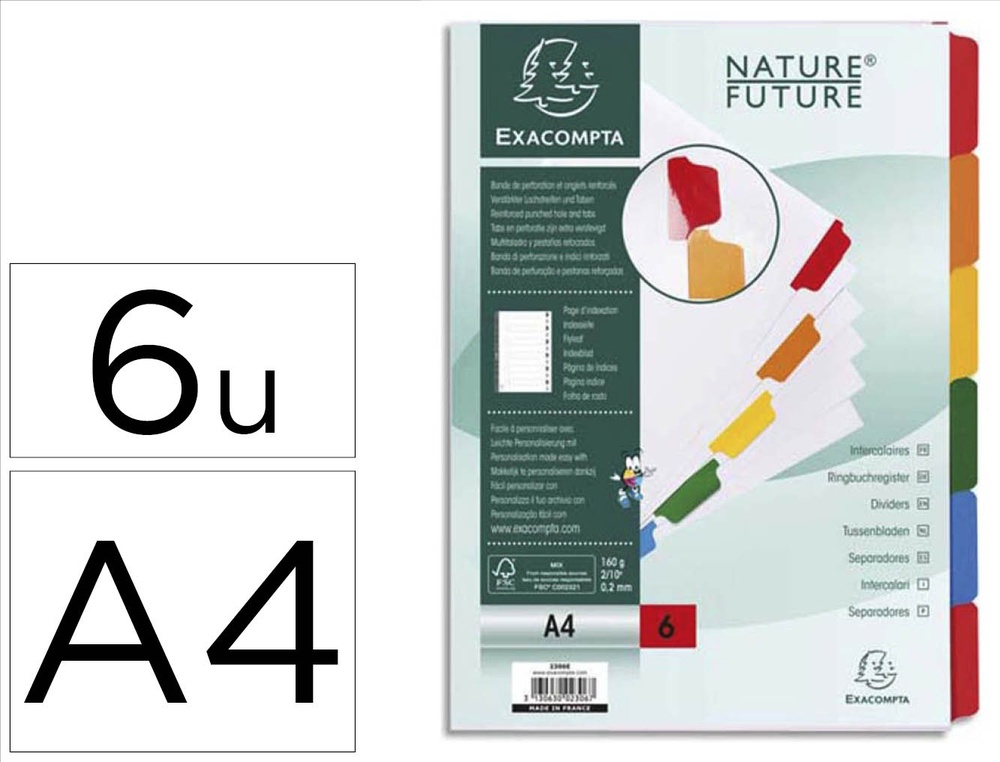 Intercalaire exacompta carte blanche 160g 6 positions a4 onglets couleur renforcés