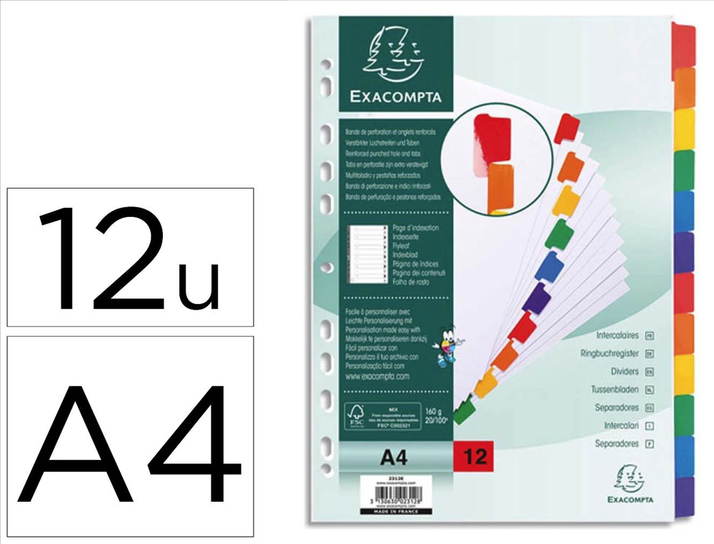 Intercalaire exacompta carte blanche 160g 12 positions a4 onglets couleur renforcés