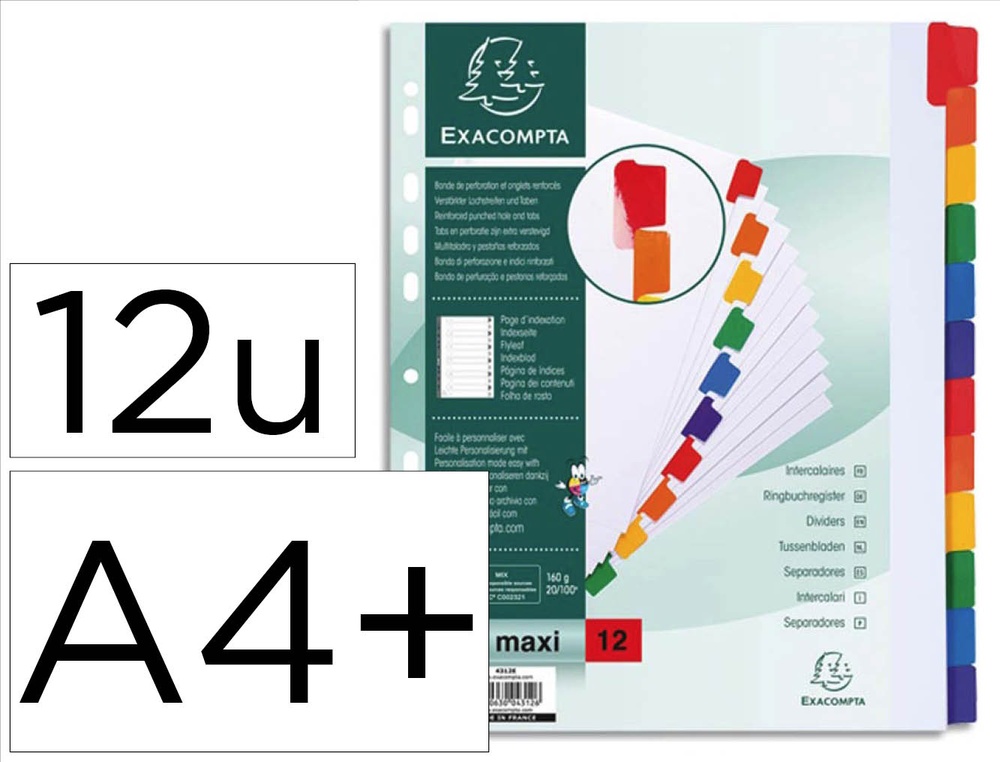 Intercalaire exacompta carte blanche 160g 12 positions a4+ carte onglets couleur renforcés