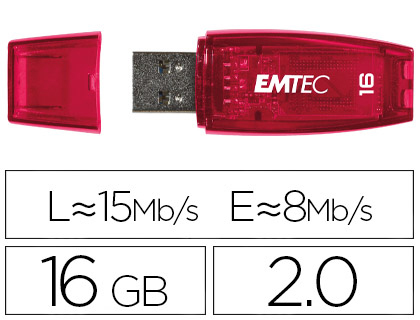 Clé usb emtec 2.0 c410 16go vitesse lecture 15mb/s écriture 5mb/s avec capuchon coloris transparent rouge