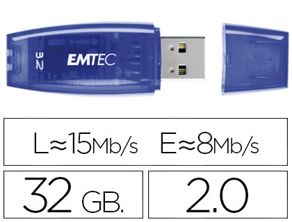 Clé usb emtec 2.0 c410 32go vitesse lecture 15mb/s écriture 5mb/s avec capuchon coloris transparent bleu