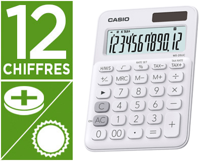 Calculatrice casio bureau ms-20uc grand écran 12 chiffres clacul taxes correction rapide mémoire indépendante blanc