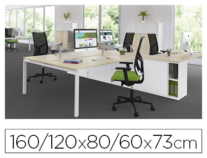 Bureau compact asymétrique eol conect 90 degrés retour à gauche 160x120x60cm décor chêne clair sur pieds
