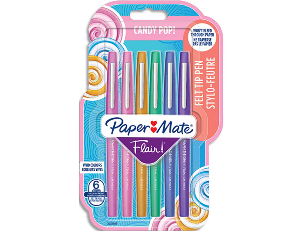 Feutres papermate flair candy pop coloris assortis -        blister de 6 un