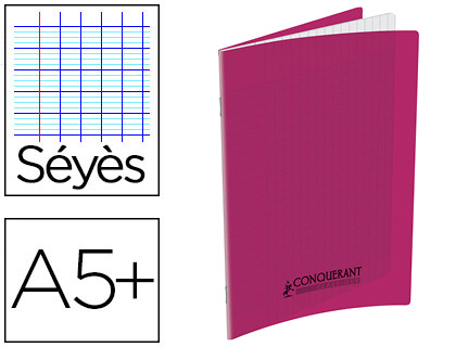 Cahier pique conquerant classique couverture polypropylene rigide transparente a5+ 17x22cm48 pages 90g seyes rose