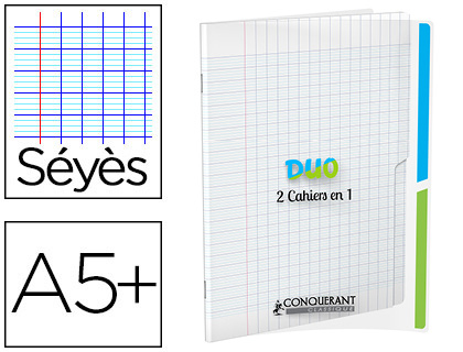 Cahier agrafé conquérant duo 2en1 polypropylène a5+ 17x22cm 96 pages séyès 90g