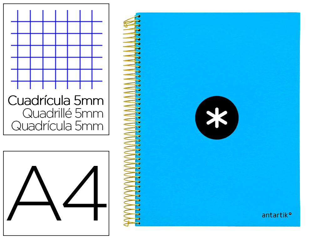 Cahier spirale antartik a4 240p 90g couverture rembordee quadrillage 5mm 4 trous       coil-lock coloris bleu