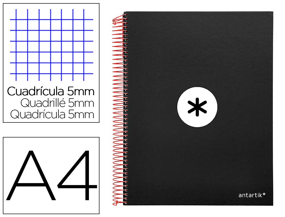 Cahier spirale antartik a4 240p 90g couverture rembordee quadrillage 5mm 4 trous       coil-lock coloris noir