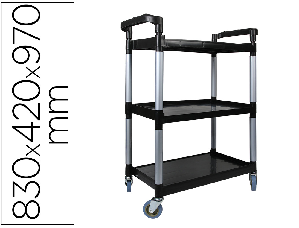 Chariot service q-connect acier 3 plateaux acier inoxydable 4 roues poignées 83x42x97cm