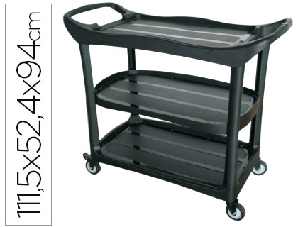 Chariot service q-connect plastique 3 plateaux plastique 4 roues poignées 111,5x52,4x94cm