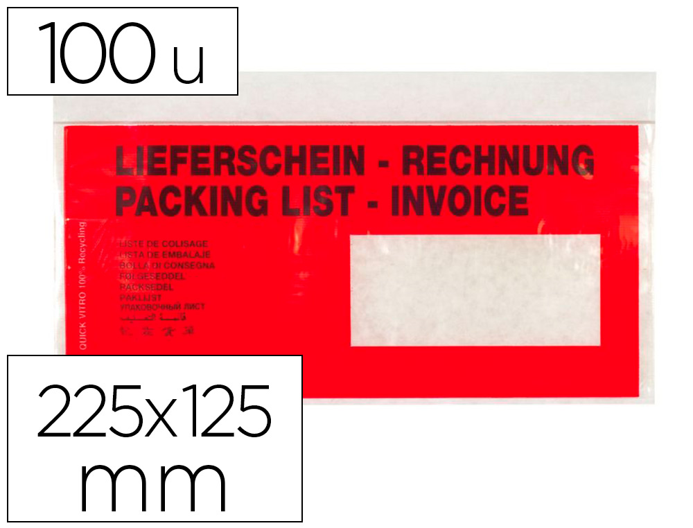 Enveloppe q-connect porte-documents 225x125mm auto-adhésive fenêtre droite texte multilingue boîte 100 unités